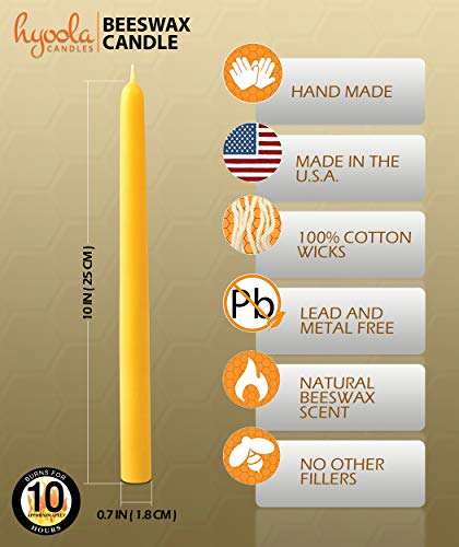 Hyoola 10 Inch Beeswax Taper Candles - 12 Pack - Handmade, All Natural, 100% Pure Unscented Bee Wax Candle - Tall, Decorative, Golden Yellow - 10 Hour Burn Time #TOP1