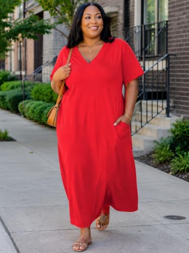 Image of PinkPatty Women's Plus Size Short Sleeve Maxi Dress Casual Loose V Neck Long Dress with Pockets