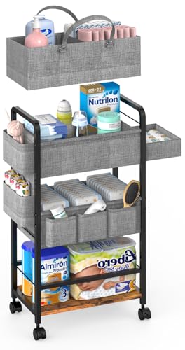 Image of 2In1 Baby Diaper Caddy & 4-Tier Organizer With Wheels, Rolling Cart With Dividers & Dust-proof Drawer, Metal Detachable Bedside Cart for Nursery Essentials Storage, Large Capacity