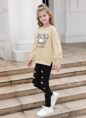 Alakuoti Fall Girls Outfits Size 6 Girls Fashion Print Sweatshirt Pullover Tops and Leggings Sweatpants 2 Piece Beige Leopard 5-6 Years - image 4
