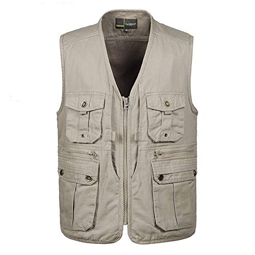 XINXIN Veste en Coton à Plusieurs Poches pour Hommes en Tissu, Veste Reporter sans Manches Photographe Reporter Veste Mens Tactique Gilet Masculin (Vert armée/Kaki/Vert armée Peu Profond)