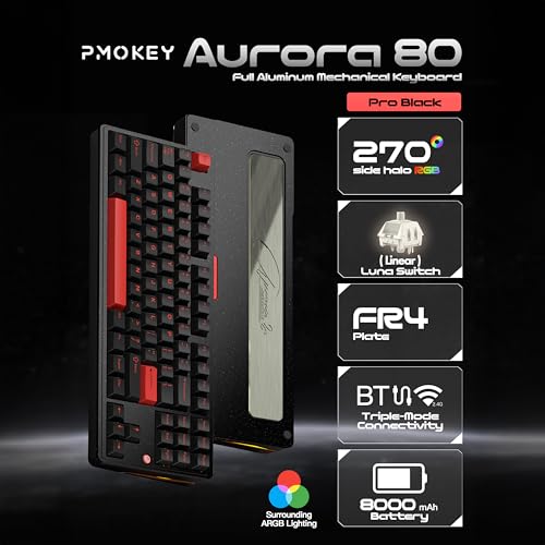 Image of PMOKEY Aurora 80 CNC Full Aluminum Wireless Mechanical Keyboard with VIA /QMK, 8000mah Battery, Tri-Mode Wireless Gaming Keyboard Custom Hot Swappable RGB Backlit for Windows /Mac /PC (Pro Black)