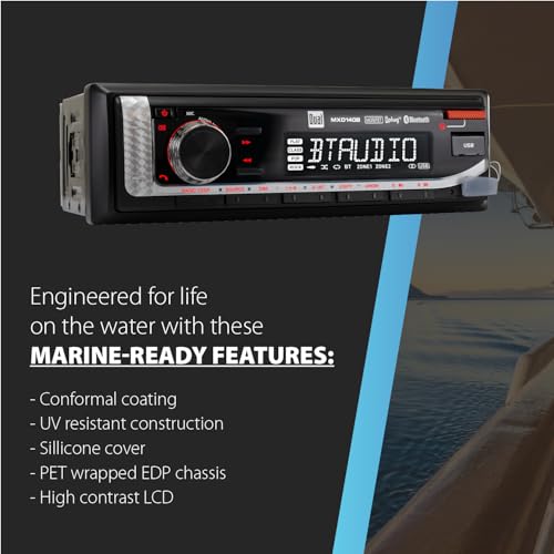 Image of Dual Electronics MXD140B Marine Stereo Bluetooth Single DIN Weatherproof AM /FM | Weatherproof receiver for boats, sunlight-readable LCD, USB port with 2.1A charging, AM /FM tuner, black single-DIN design
