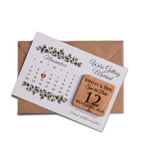 Customizable Calendar Save the Date Card & Wooden Magnet, Personalized