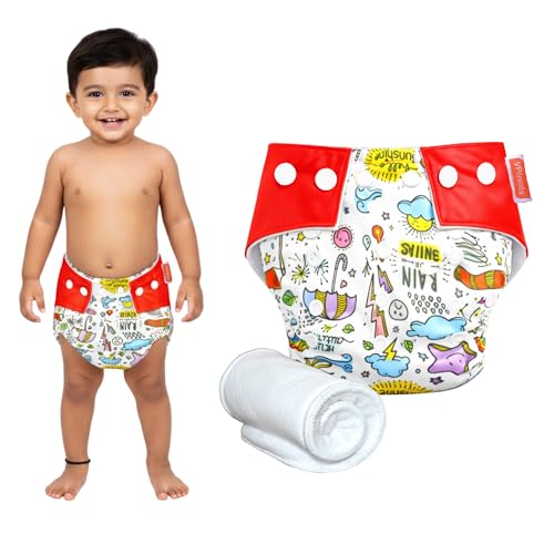 VParents Rain Print Reusable and Adjustable Cloth Diapers With ulta absorbent Insert with 5 layers- washable (Multi Colour)