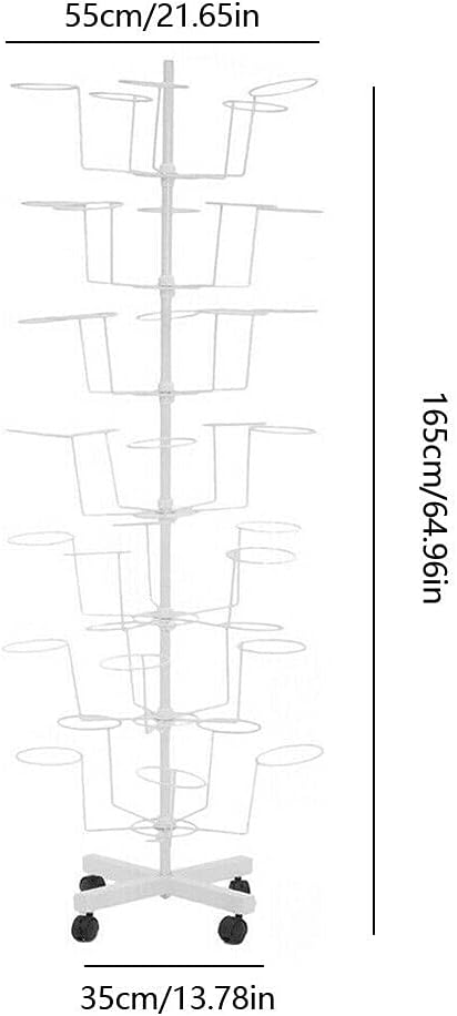 Hats Stand Display, 7 Tier 35 Hooks Metal Hat Cap Rack Display Retail Rotating Adjustable Iron Hat Stand, Hanger Wigs Holder Rotating Headwear Rack Free Standing with 4 Wheel (White)
