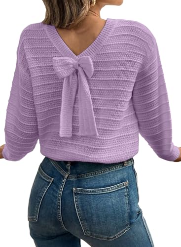 Image of EVALESS Sweaters for Women Long Sleeve Fall Outfits 2026 Back Bow Knot Sweaters Round Neck Solid Knit Pullover Tops