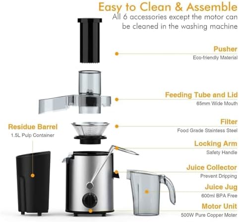 Slow Masticating Juicer with 65mm Wide Hopper for Whole Fruits & Vegetables, Efficient Juice Extractor, Easy Clean, BPA-Free, Ideal for Healthy Living