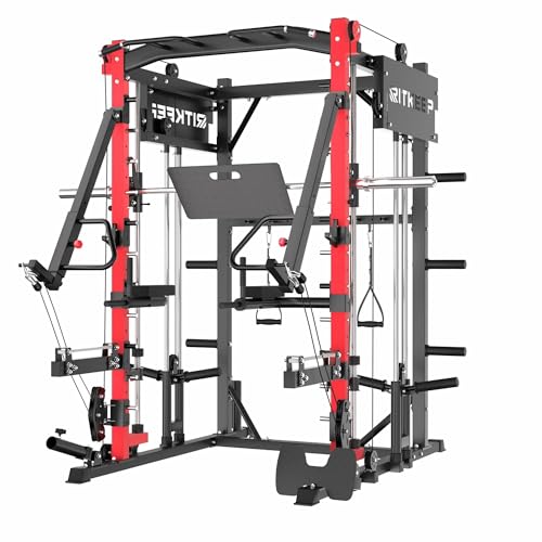 Smith Machine with Jammer Arms & Leg Press Board , RitKeep PMAX-4750 All-in-One Smith Machine with Adjustable Pulley System (1:1 & 2:1) for Full Body Strength Training