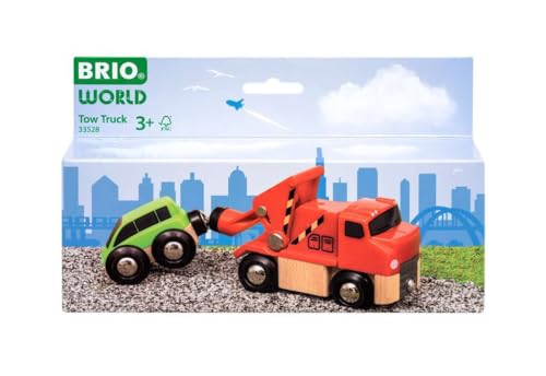 Image of BRIO World 33528 - Reliable Tow Truck - Wooden Toy Train Accessory for Kids Aged 3+ | Magnetic Coupling | Compatible with Other Railway Toys | FSC-Certified Beech Wood