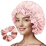 RANYAKE Juego de gorro de seda de doble capa para dormir, gorro de seda satinada para mujeres que duermen y doble capa y lazo de seda para cabello natural rizado, regalos de cuidado personal para