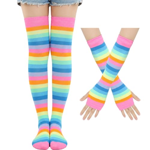 Image of Black and White Striped Arm Leg Warmers Sleeves Set Rainbow Socks Knee High Fingerless Gloves Hand Thigh Warm