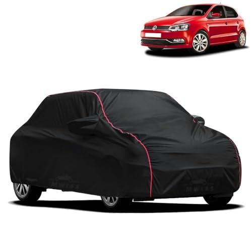 Image of Waterproof Car Cover for Volkswagen Polo Exquisite | All-Weather Protection, Dustproof & UV Resistant | Triple Stitched Mirror Pockets, Windproof Buckle Strap with Elastic Hem, Black-Red Piping