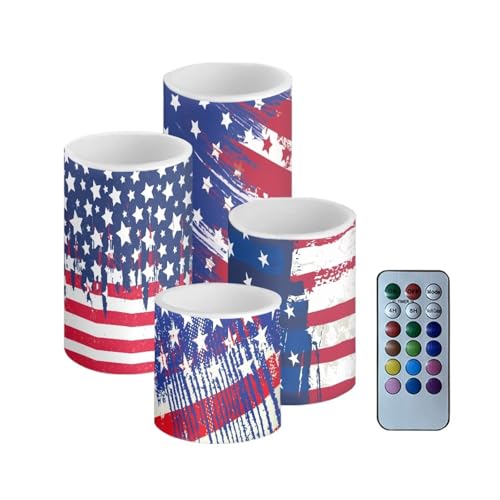 Image of American Flag Flameless Light Candles Battery Operated Candles with Color Changing Timer Remote Control Fake Pillar Candles for July 4th Patriotic Independence Day Decoration