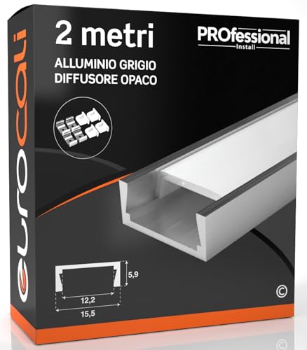 Eurocali Profilo in Alluminio da 2 metri (2mt) grigio per Strisce LED Schermatura Opaca ingombro max striscia led 12.2mm - 15.5 x 5.9