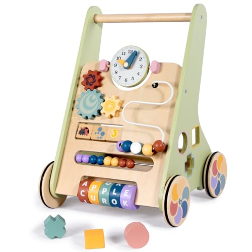 LOL-FUN Wooden Baby Walker for Toddlers 6-12 Months, 10in1 Push Along Walker Toys with Speed Control, Multifunctional Baby Activity Center for 1 Year Old Boys Girls Gift(Small Size)