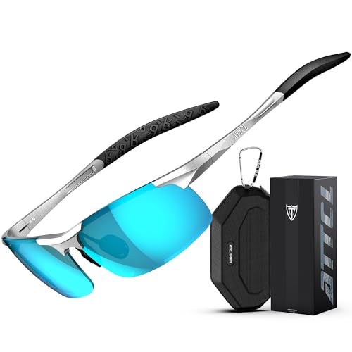 ATTCL Polarized Sunglasses for Men Sports: UV Protection Anti Glare Wrap Around Lightweight Metal Sun Glasses Driving Fishing Golf Running 8177 Silver-BLUE