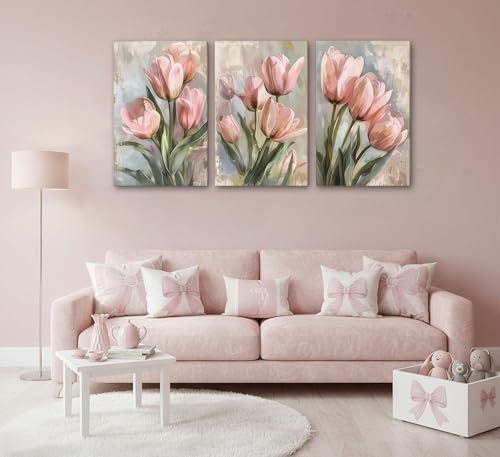 Image of 3 Pcs Vintage Pink Tulips Flowers Canvas Wall Art Retro Spring Pink and Green Floral Botanical Paintings Pictures Wall Decor Poster Print Artwork for Living Room Bedroom Home Decoration