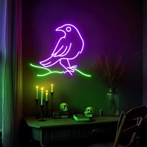 Raven On Branch Neon Sign, Crow Sign, Gothic Home Decor, Halloween Party Bar Neon Light, Poe-inspired Lighting, Witchy Bedroom Decor, Dark Academia, Bird Neon Art, Spooky Gift Ideas-17"-Purple