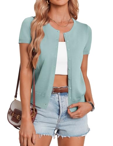 Image of GRACE KARIN Women Short Sleeve Cardigan, 2026 Summer Knitted Sweater Tops, Basic Crew Neck Crop Outfits