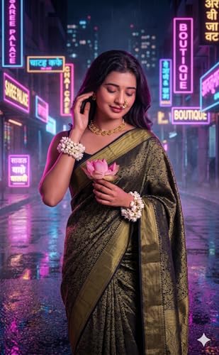 Image of Flosive inchWomen's Soft Silk Banarasi Style Saree with Rich Pallu, Gold Zari Work, Elegant Saree with Blouse Piece inch