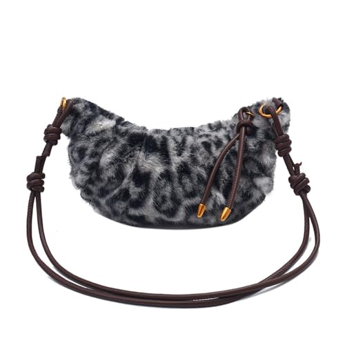 Image of Leopard Fluffy Sling Dumpling Bag Cheetah Print Fuzzy Furry Shoulder Crossbody Crescent Bag Leopard Plush Horn Bag