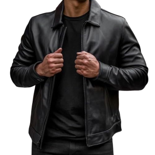 Image of Mens Shirt Collar Genuine Real Lambskin Leather Jacket For Men Vintage Classic Biker Style with Zip Out Liner