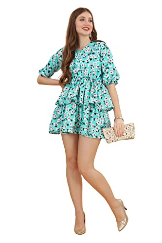 Image of Mini Dress for Women - Fancy Cotton Floral Design Short Dresses Frocks for Girls, Western One Piece Knee Length Dresses for Party, Outing, Casual Wear
