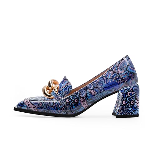 Women's Square Toe Slip On Metal Chain Pumps Chunky Heel Patent Leather Dress Shoes2