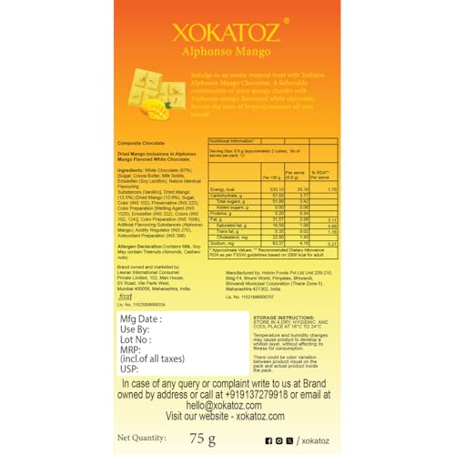 Image of XOKATOZ Exotic Premium Couverture Belgian Chocolate - 1 Alphonso Mango Flavoured White Chocolate Bar - Gift Set - Pack of 1, 75g (75g x 1)