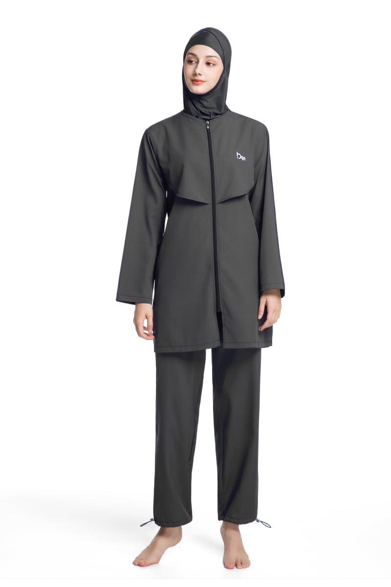 Burkini donna maniche lunghe con cappuccio, pantaloni lunghi, vestibilità ampia, asciugatura rapida, immersione