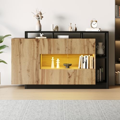 SUKY Moderno aparador LED de cristal para comedor en color madera original, MDF, para salón con control Bluetooth, 140 x 44 x 93,5 cm