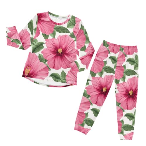 Pink Hibiscus Floral Pattern Soft Pajama Set for All Seasons,Breathable Pjs Long Sleeve Sleepwear,Comfy Loungewear 2 Piece Underwear Set 3T