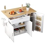 A ALFRESCOOL Küchenwagen, Kücheninsel auf Rollen mit klappbarer Arbeitsplatte, Arbeitsplatte mit Eiche Maserung 132x 70 x 90 cm Großer Speisewagen Sideboard, für Küche/Essen (Weiß)