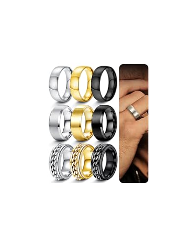 FIASASO 9Pcs Rings for Men Gold Silver Mens Rings Stainless Steel Wedding Bands for Men 8MM Width Mens Wedding Band Ring Set Silver Black Gold Male Promise Bands Ring Size 6-14