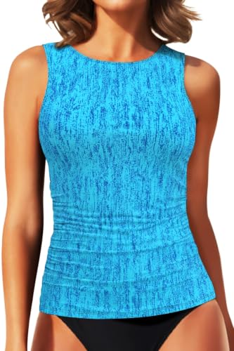 Image of Daci Tankini Tops for Women Tummy Control Swim Top Only | High Neck, Ruched Front, Full Coverage, Removable Pads, No Bottom, Soft Stretch Fabric, Fully Lined, Beach and Water Sports
