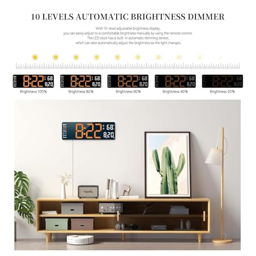 Image of 13 inch Plastic Digital Wall Clock - Large Orange & White LED Display, Remote Control, Auto Brightness Dimmer, Date, Day & Temperature Display - Ideal for Living Room, Office, Gym, Shop