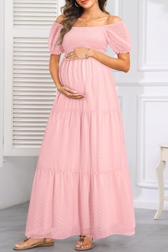 Image of Off The Shoulder Maternity Dress for Baby Shower - Women's Boho Swiss Dot Smocked Puff Sleeve Maxi Dress