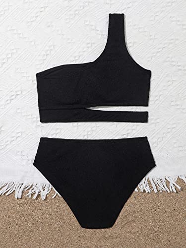 Image of WDIRARA Girl's Cut Out One Shoulder Bikini Swimsuit Bathing Suit 2 Piece Swimwear Black 150