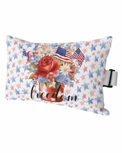 Outdoor Pillows Covers with Inserts 4th of July American Flag Patriotic Star Flowers Waterproof Pillow with Adjustable Strap Throw Pillows for Patio Furniture Pool Lounge Chair, 12x20 Inch, 1PCS