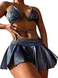 DaiLiWei 3 Piece Triangle Swimsuits for Women Metallic Bikini Sets Thong Bathing Suit Beach Skirt Sexy Festival Rave Outfits