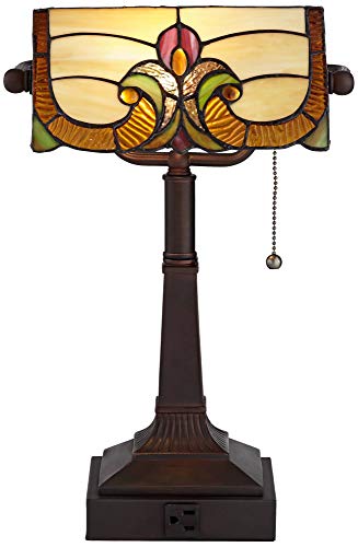 Robert Louis Tiffany Fleura Traditional Tiffany Style Piano Banker Desk Table Lamp 17" High With Ac Power Outlet Bronze Floral Art Glass Shade Decor For Bedroom House Bedside Nightstand Home Office #TOP7