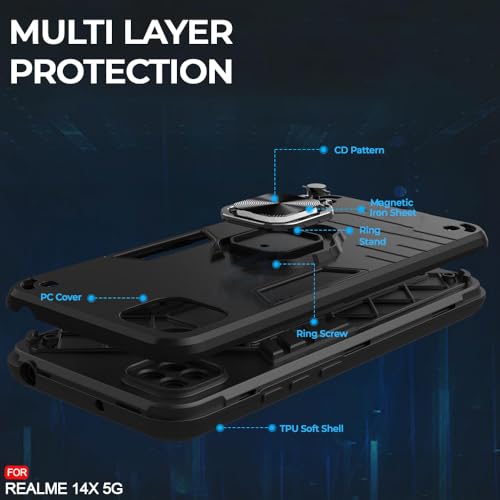Image of AESTMO Realme 14X 5G Back Case Cover | Tough Armor Bumper | Ring Holder & Kickstand in-Built | 360 Degree Protection Cover for Realme 14X 5G (Black)