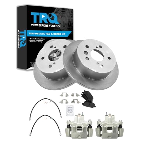 Image of TRQ Rear Brake Pad and Rotor Set Semi Metallic Calipers Hardware | For 2005-2007 Toyota Avalon 2002-2006 Camry 2004-2008 Solara