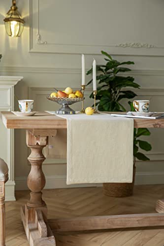 Image of ZeeMart Burlap Style Farmhouse Table Runners 48 Inches Long, Cream Rustic Woven Dining Table Runner for Everyday Use, 14x48 Inches, Cream
