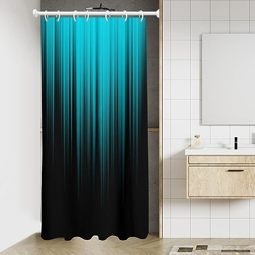 Image of AAtter Teal Black Ombre Shower Curtain, Small Stall 36x72 Inch, 7 Hooks | Turquoise Striped Polyester Fabric, Dark Modern Abstract Style, Cool Anime Design, Single Narrow Bathroom Decor for Men