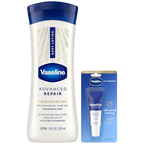 Vaseline Intensive Care Lotion, Unscented, Advanced Repair – Non-Greasy Moisturizer for Extremely Dry Skin + Professional Lip Therapy Tube