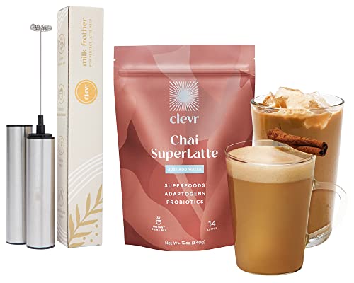 Clevr Blends Chai Tea Latte & Frother Bundle - Oat Milk Instant Superlatte Mix With Black Tea Organic Spices And Coconut Milk Superfood Creamer, Adaptogens, Reishi Mushrooms, Lion's Mane & Probiotics #TOP21