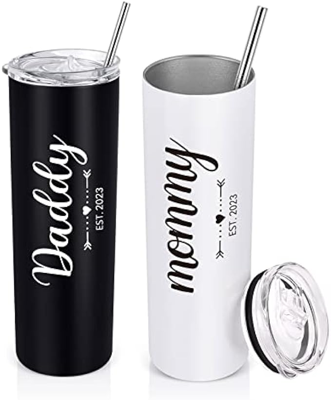 Daddy and Mommy Est 2023 Stainless Steel Skinny Tumbler, New Parents Skinny Travel Tumbler 20Oz, Mom Dad Gift for Mother's Day Father's Day Christmas New Pregnancy Birthday Baby Shower (Black White)