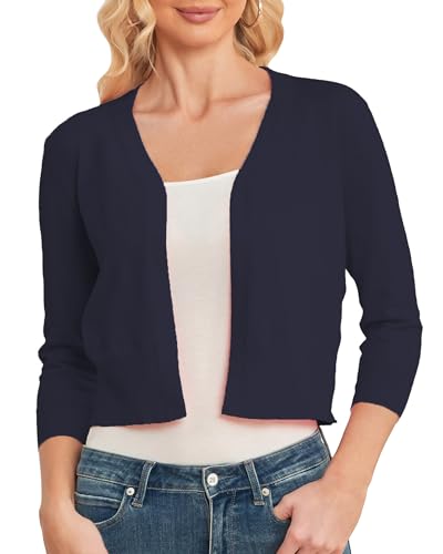 CUNYI 3/4 Sleeve Cardigan for Women UK Ladies Open Front Bolero Lightweight Short Shrug Vneck Elegant, Navy M